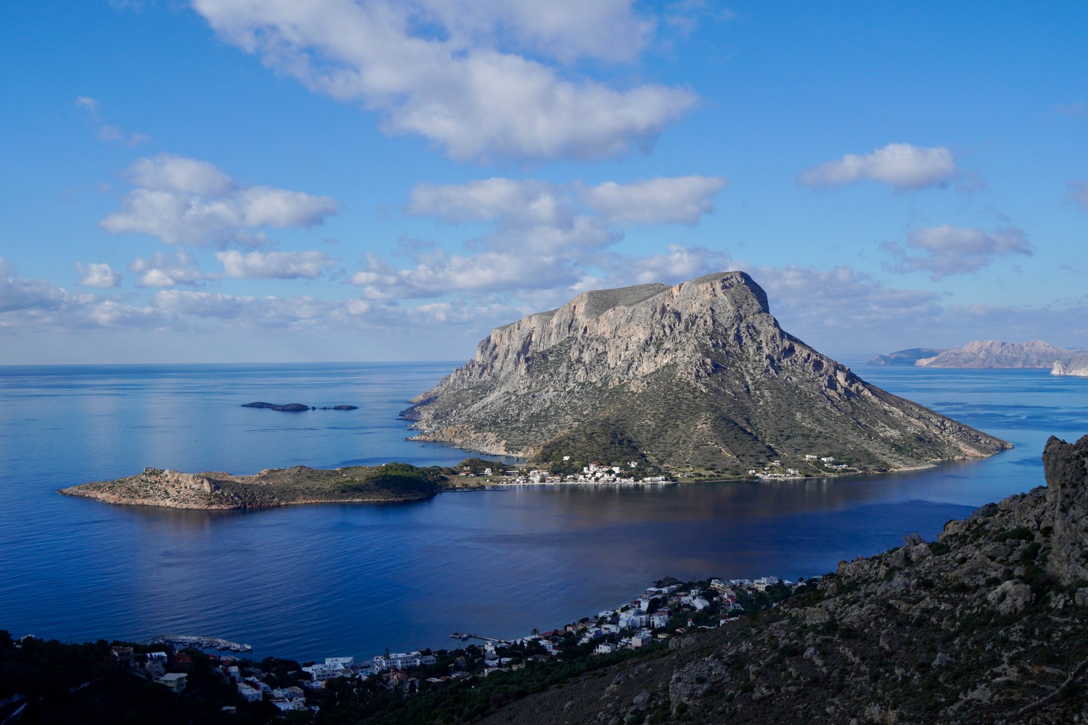 Aerial view of Telendos Island and the Aegean Sea from Kalymnos