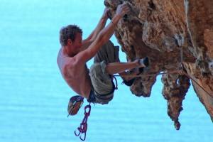 A climber on a Kalymnos tufa wall